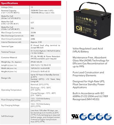 CSB HRL12330WG 12V 330W Maintenance Free AGM Battery