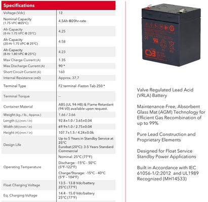 CSB Battery GP1245 12V 4.5Ah High Performance Rechargeable Maintenance-Free VRLA Battery
