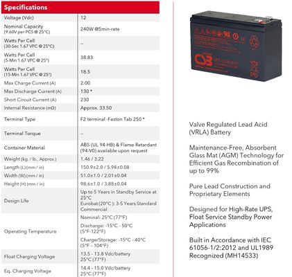 সিএসবি ব্যাটারি UPS122406 12V 240W রক্ষণাবেক্ষণ মুক্ত ভিআরএলএ লিড এসিড 240W ব্যাটারি ইউপিএস ডেটা সেন্টারের জন্য